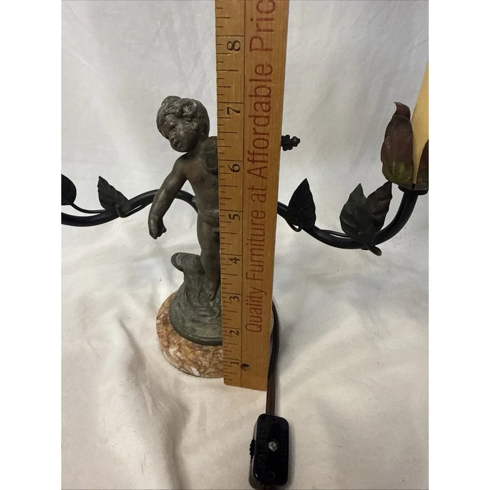 VTG Figural Cherub Double Arm Table Lamp Spelter Marble Base Art Nouveau Style